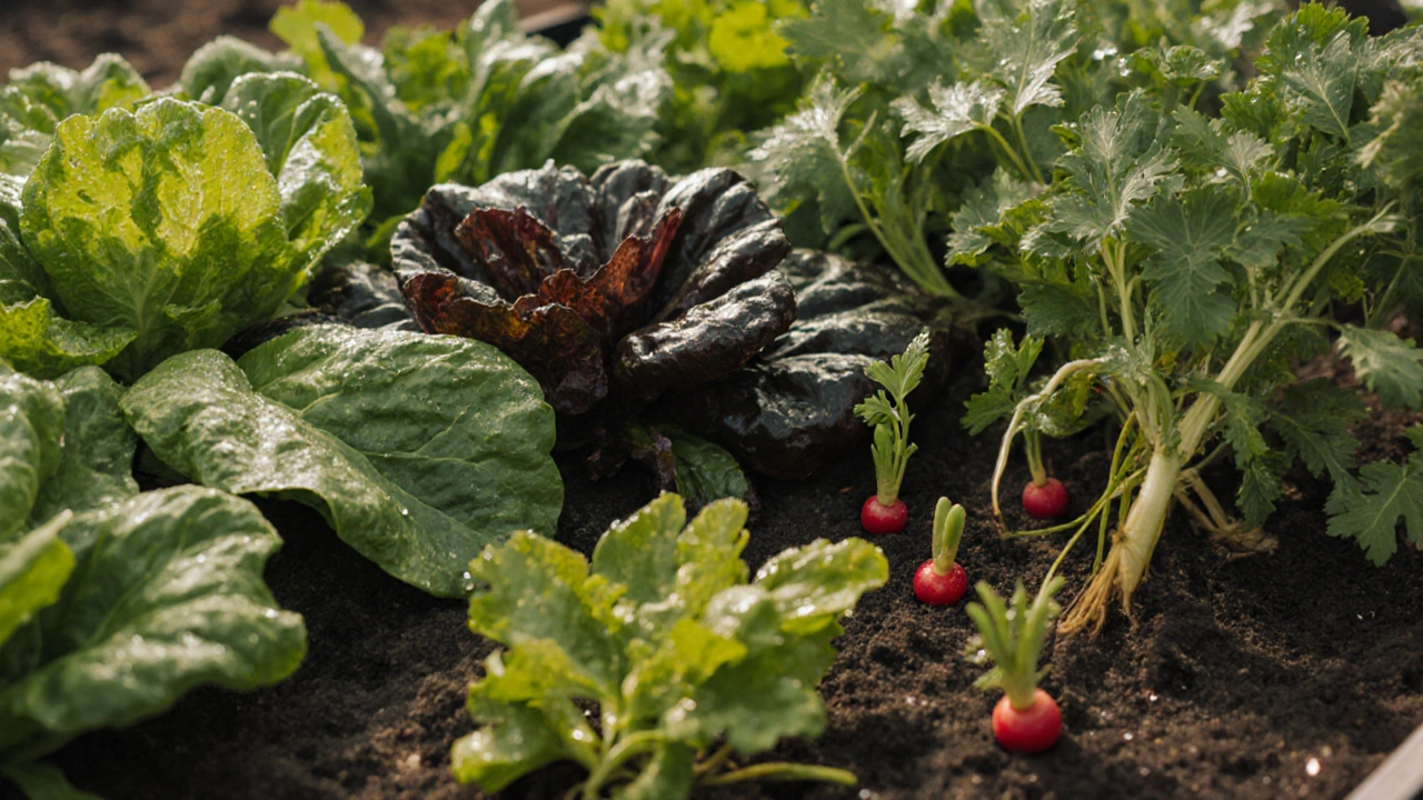 Close‑up view of a mixed garden bed with radish, lettuce, spinach, mung beans and herbs.