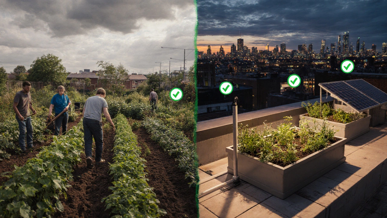 Combined scene of a Brighton community regenerative garden and a Manchester rooftop eco‑friendly garden.