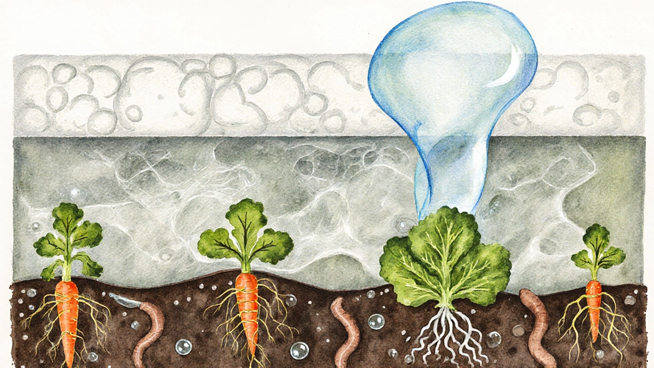 Cross‑section illustration of soil layers showing foam sheet, air pockets, roots, water and vapor.
