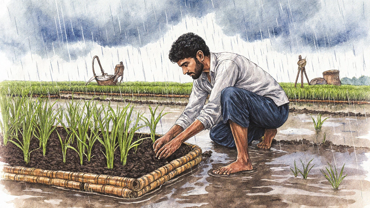Farmer transplanting rice seedlings in muddy water during monsoon season.