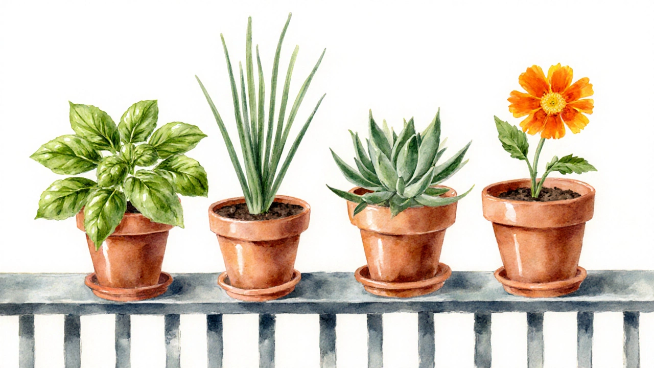 Five easy balcony herbs and flowers in individual pots on a rail.