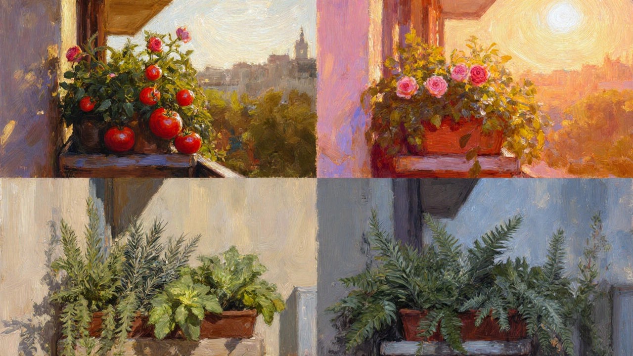 Four balconies showing north, east, south, and west orientations with matching light levels and plants.