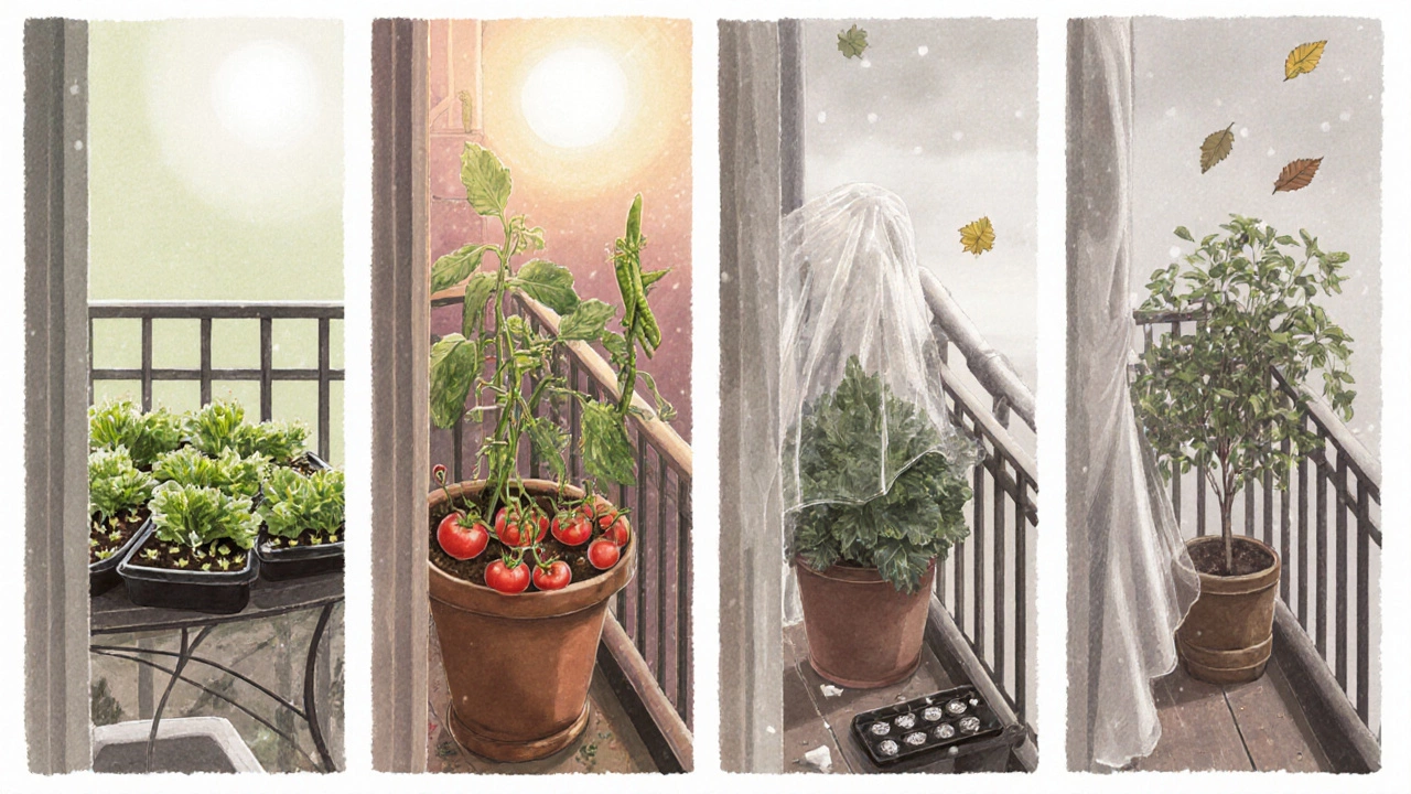 Fourâpanel pastel illustration showing seasonal balcony crops from spring lettuce to winter citrus protection.