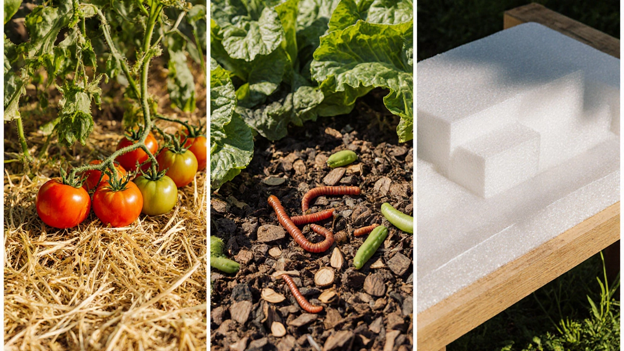 Garden displaying straw mulch, wood chips, and a thin Styrofoam layer under fabric with thriving vegetables.