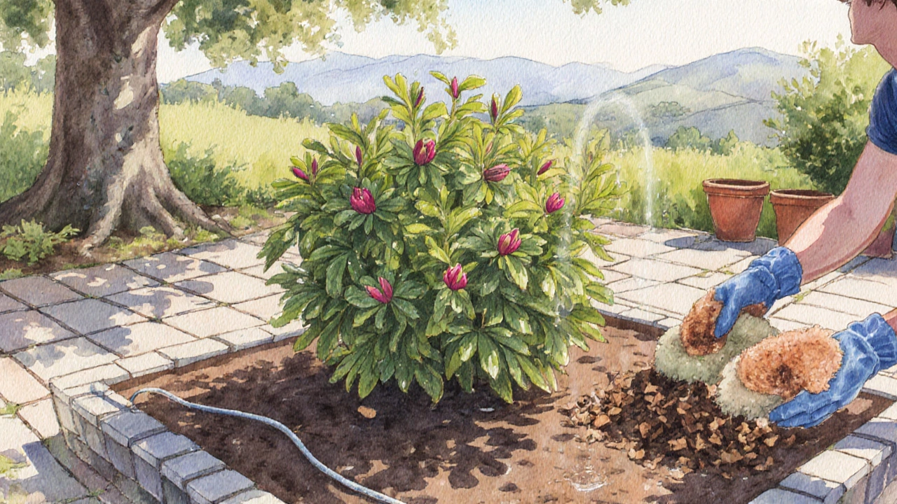 Garden scene showing a young Rhododendron arboreum in a raised acidic bed with irrigation.