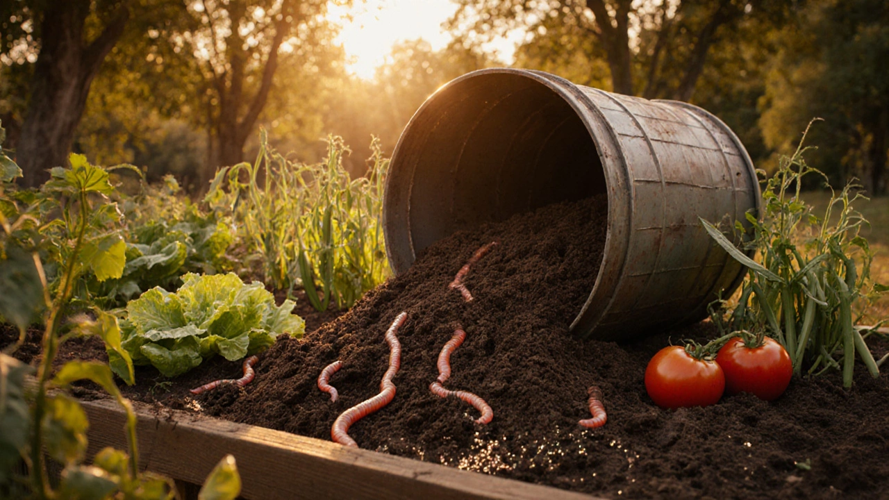 Garden showing dark compost spilling onto soil with earthworms and healthy vegetables.