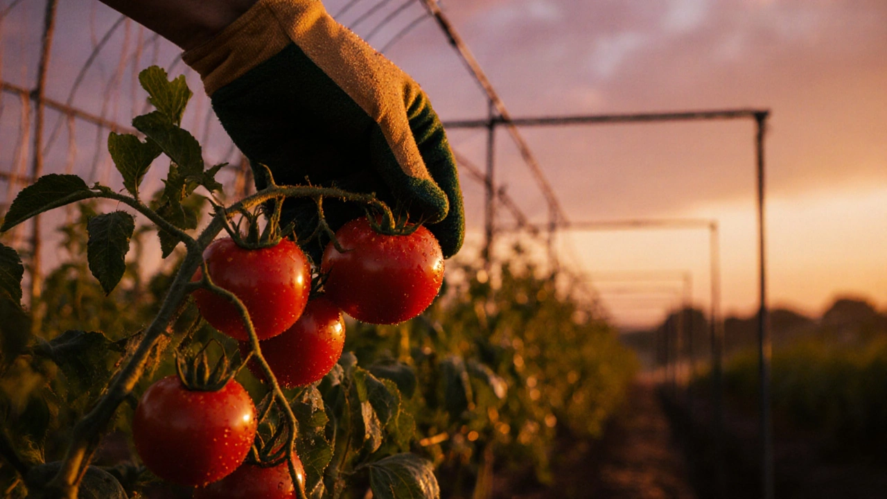 Gardener harvesting a ripe red tomato from a plant at sunset.