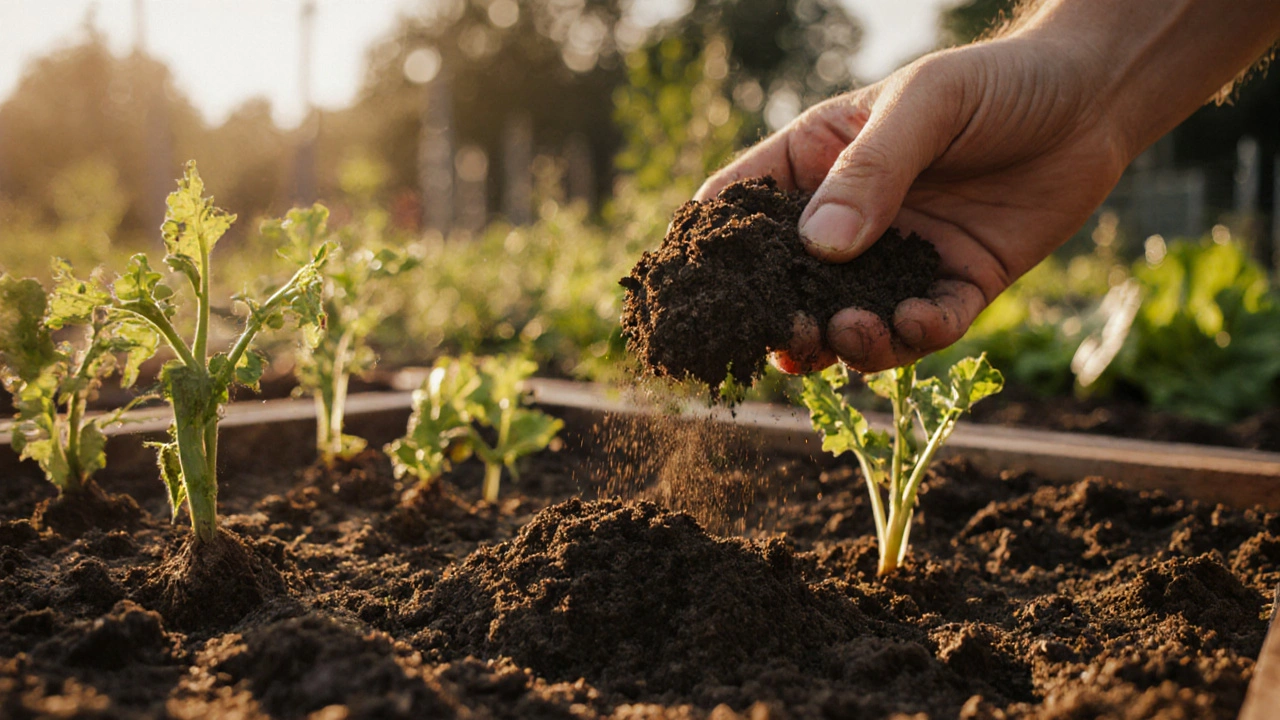 Hand spreading dark compost over soil with thriving vegetable seedlings.