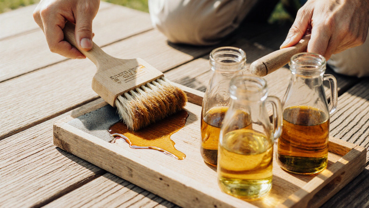 Hands brushing cedar oil onto wood deck, with bottles of various oils beside.