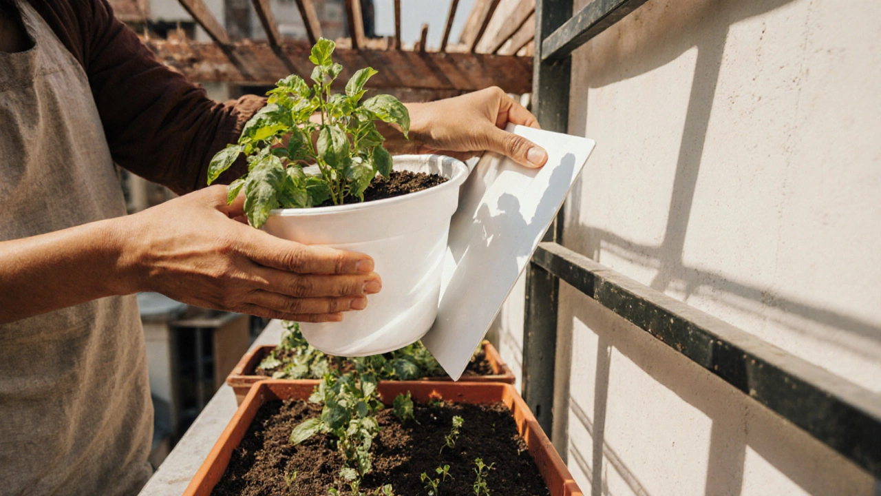 Hands rotating a potted plant and adjusting a reflective wall on a balcony, illustrating light‑maximizing tips.