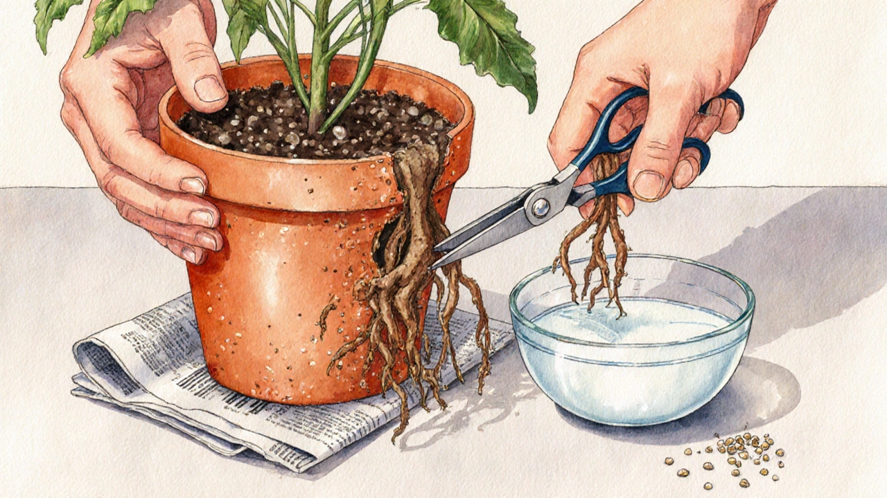 Hands tilting a pot, pruning brown roots, and dipping them in peroxide solution.