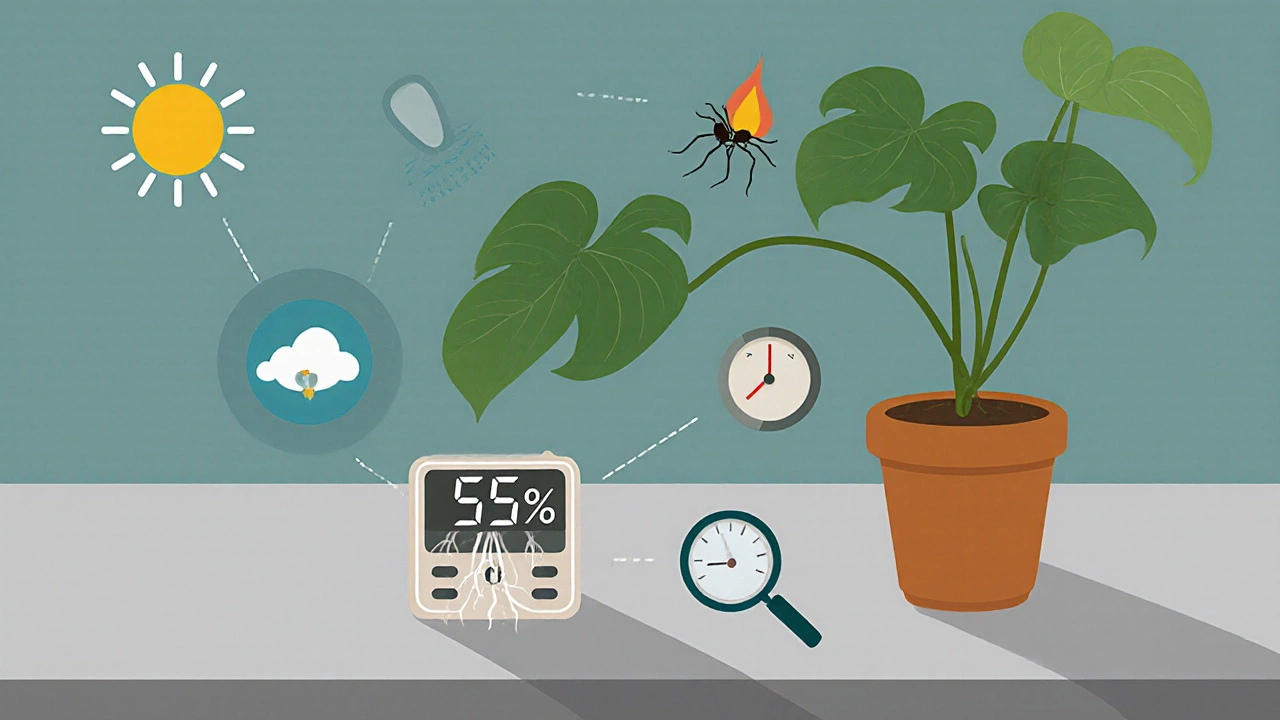 Homeowner checking a plant's roots, humidity, and temperature at a kitchen counter.