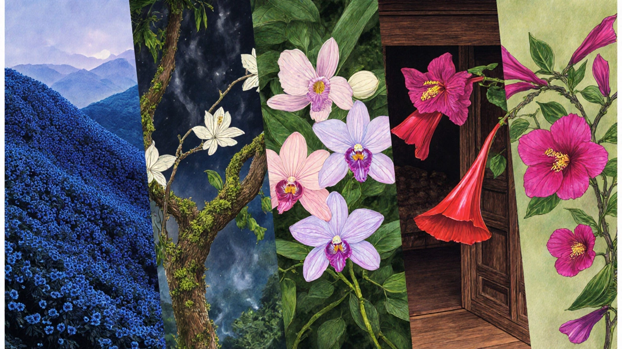 Illustrated panels of five Indian ornamental plants in their natural habitats.