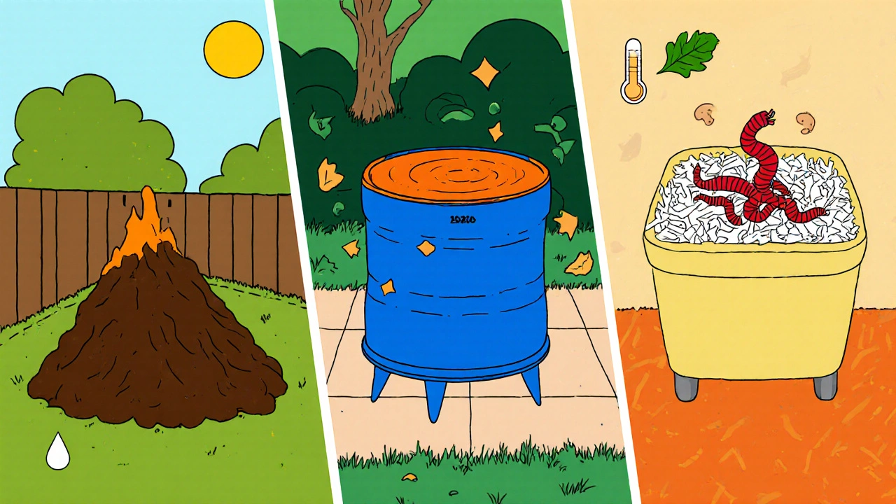 Illustration of hot pile, rotating tumbler, and indoor worm bin side by side.
