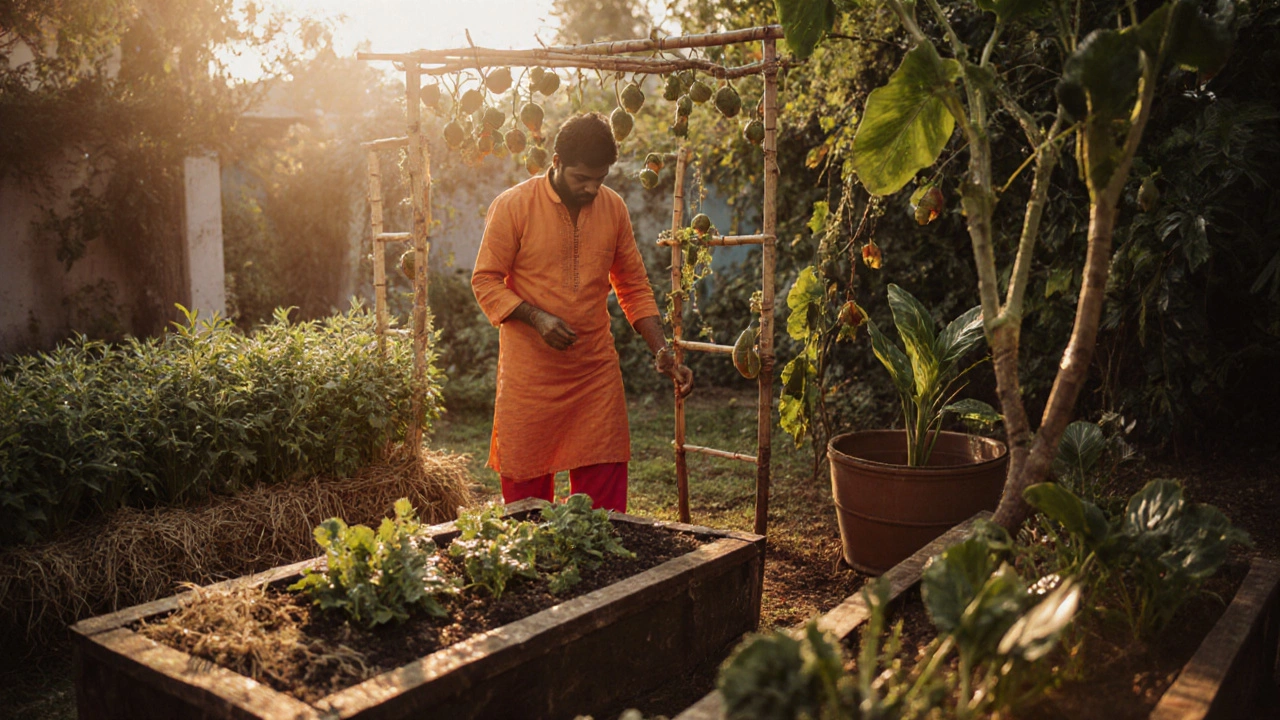 Morning garden with a gardener tending amaranth, fenugreek, bitter gourd, bottle gourd, drumstick tree and colocasia.