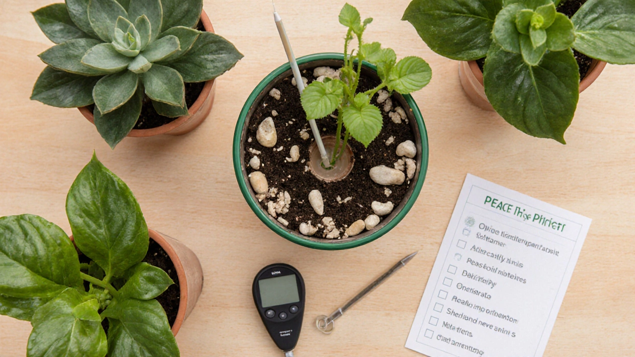 Neat indoor plant care setup with repotted plant, moisture meter, and healthy companions.