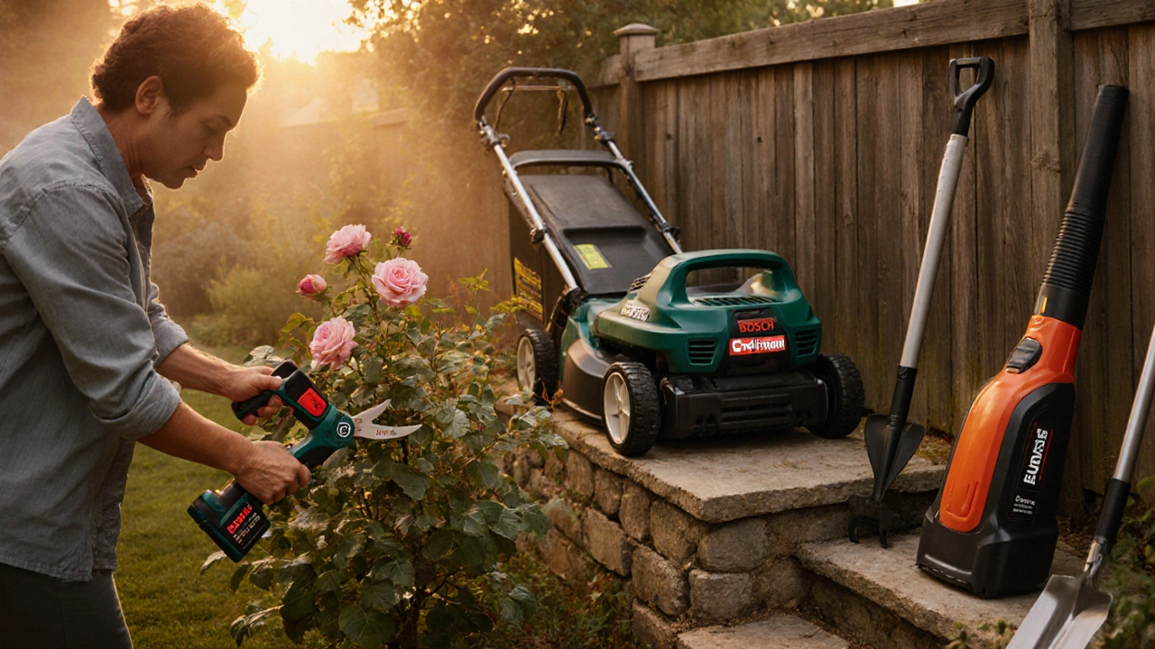 Oil‑painting garden scene showing Fiskars shear, Bosch mower, Gardena controller, Stihl blower, and Craftsman shovel.