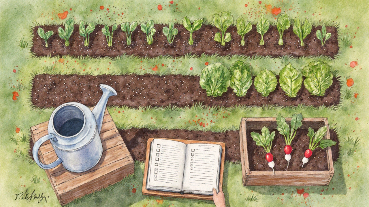 Overhead illustration of staggered rows showing seedlings, mature radishes and a garden journal.
