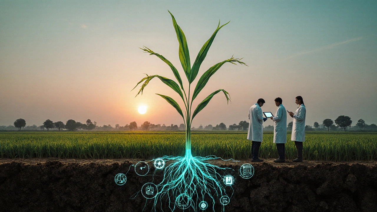 Perennial rice plant regrowing from roots beside traditional annual rice field.