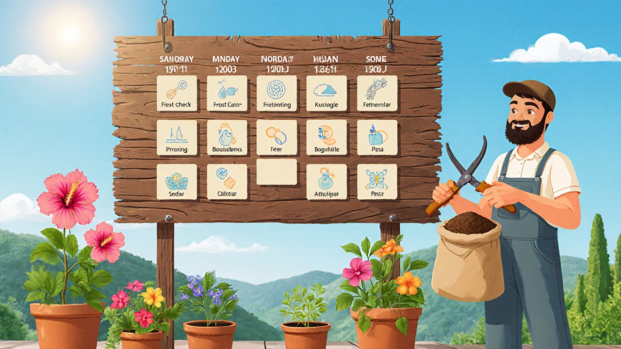 Rooftop garden gardener checking a maintenance calendar beside potted bloomers.