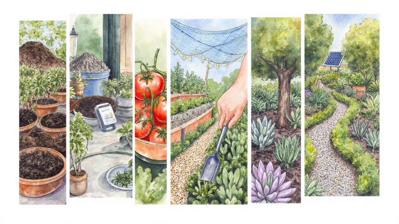 Six watercolor panels illustrating regenerative, eco‑friendly, climate‑smart, organic, permaculture, and xeriscape gardens.