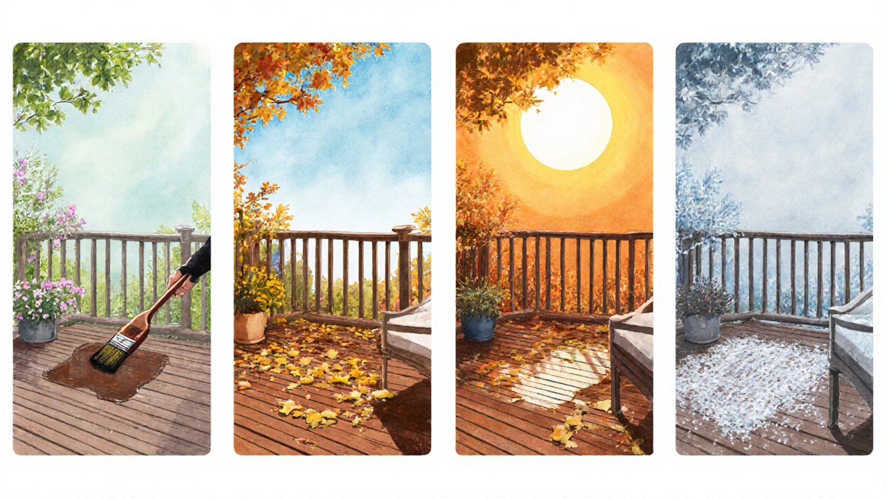 Terrace depicted in four seasonal scenes showing cleaning, touch‑up, second coat, and winter protection.