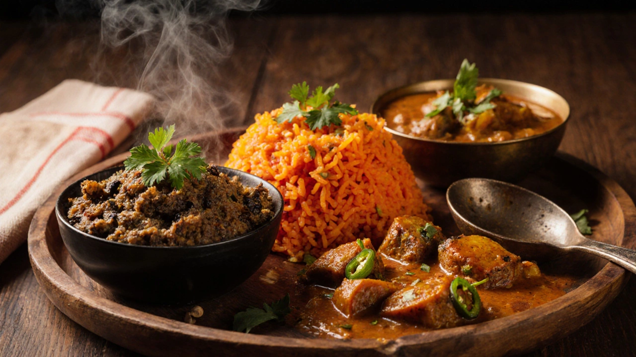 Three classic Indian eggplant dishes served on a wooden platter with herbs and spices.
