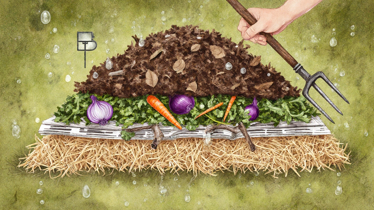 Top‑down illustration of layered compost pile with straw, greens, browns, and a pitchfork.