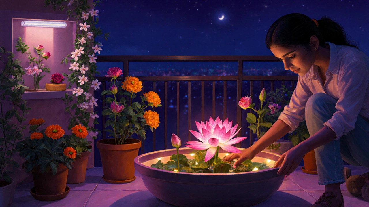 Twilight balcony garden with a gardener caring for lotus, rose, marigold, jasmine, and orchid.