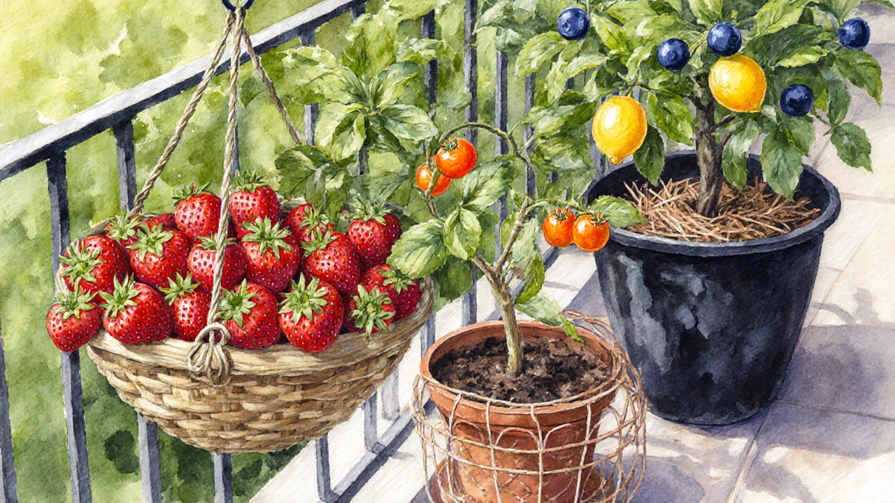 Watercolor balcony garden with strawberries, cherry tomatoes, dwarf citrus, and blueberries in containers.