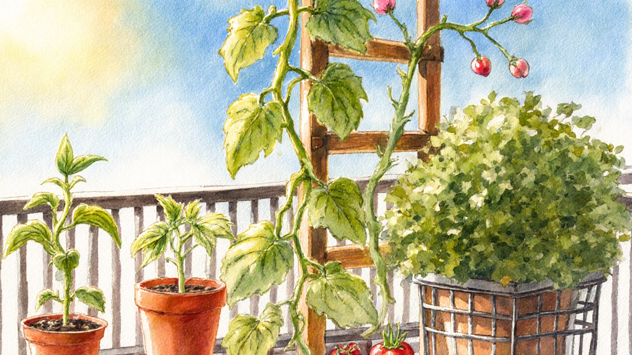 Watercolor balcony garden with tomato seedlings, vines on a trellis, and sunny light.