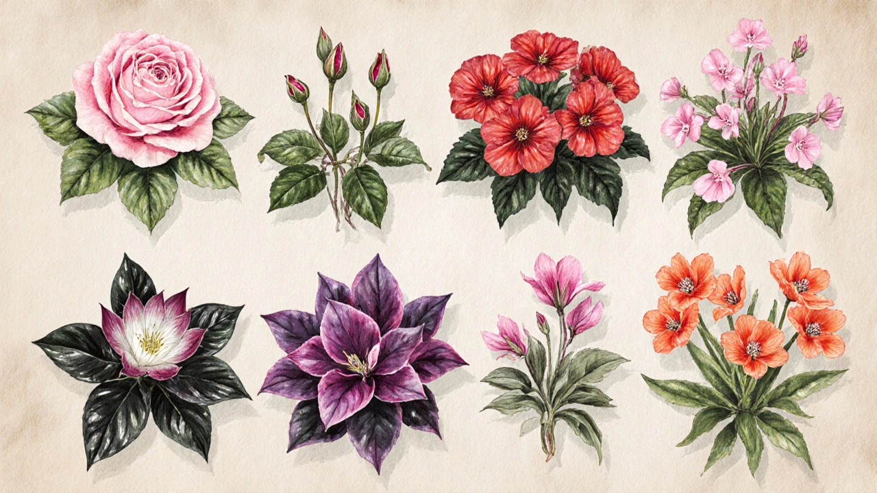 Watercolor collage of eight year‑round flowering plants showing their blooms.