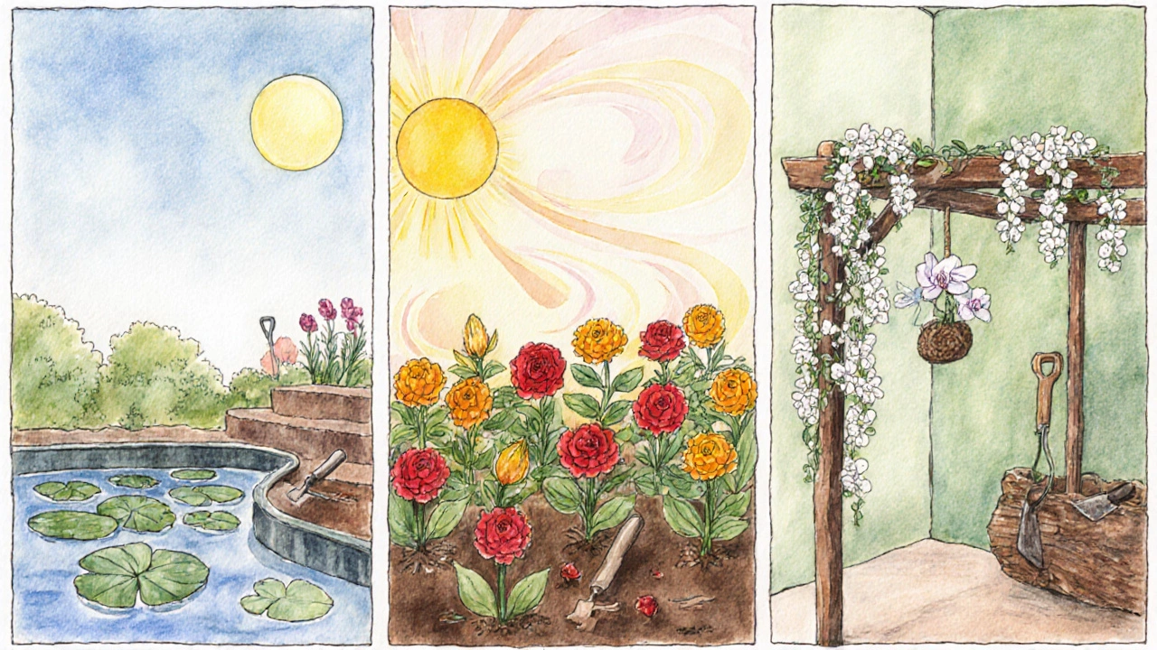Watercolor garden zones showing lotus pond, rose bed, marigold patch, jasmine trellis, and orchid corner.