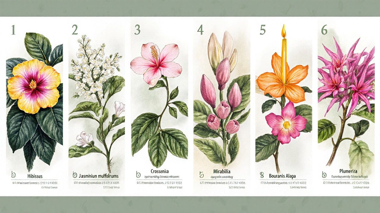 Watercolor series illustrating eight evergreen Indian flowering plants with care notes.