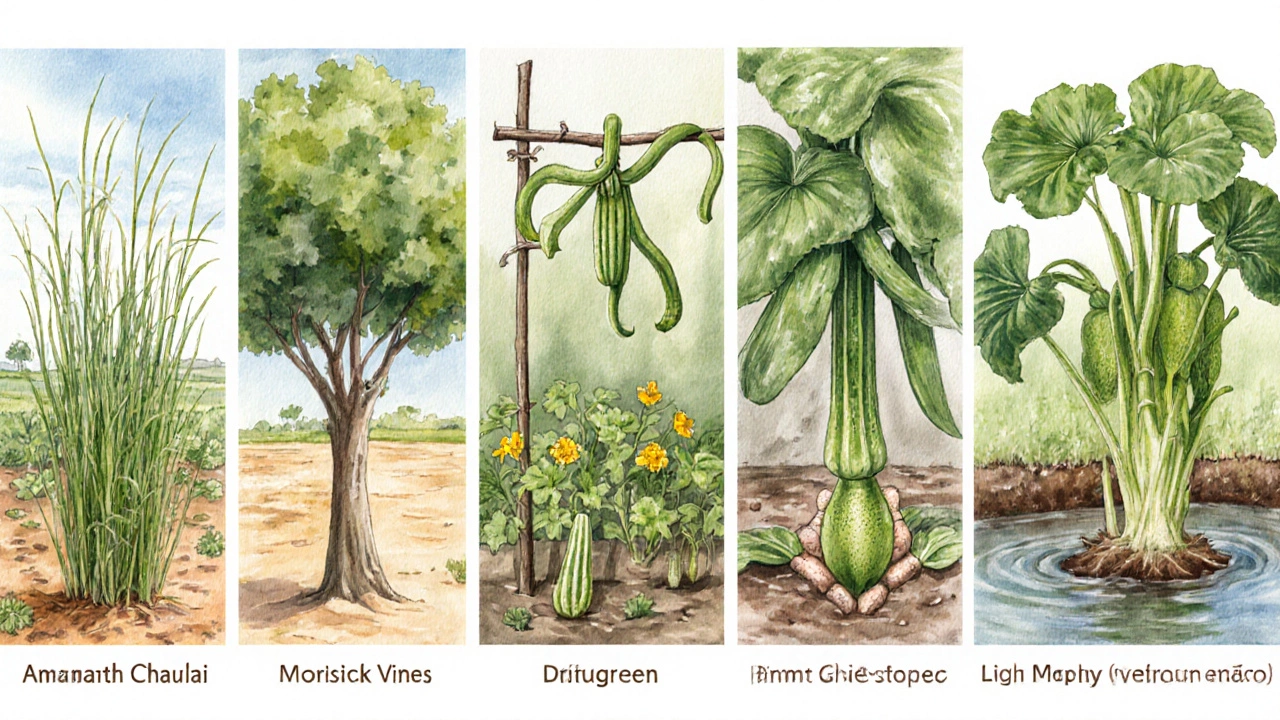 Watercolor showing amaranth field, drumstick tree, bitter gourd vine, bottle gourd, fenugreek seedlings, tinda squashes, and colocasia.