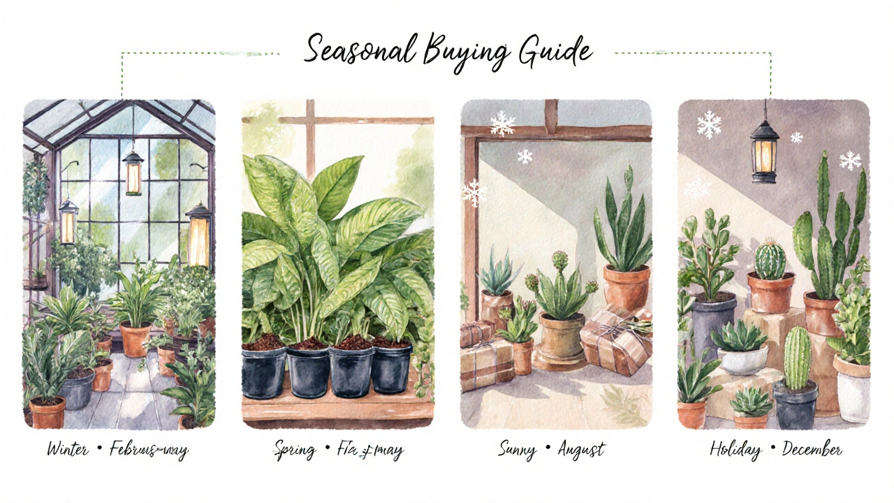 Watercolor timeline showing seasonal indoor plant buying windows and recommended species.