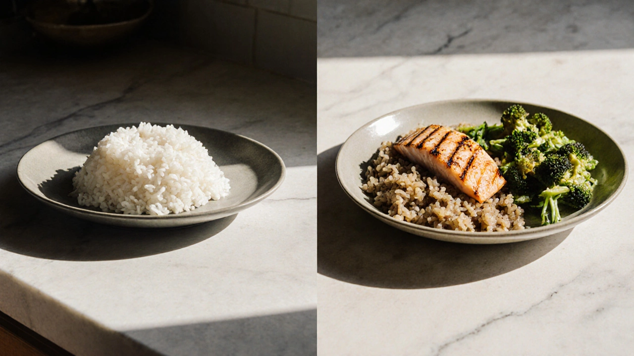 A balanced plate with vegetables and brown rice compared to a large portion of white rice.