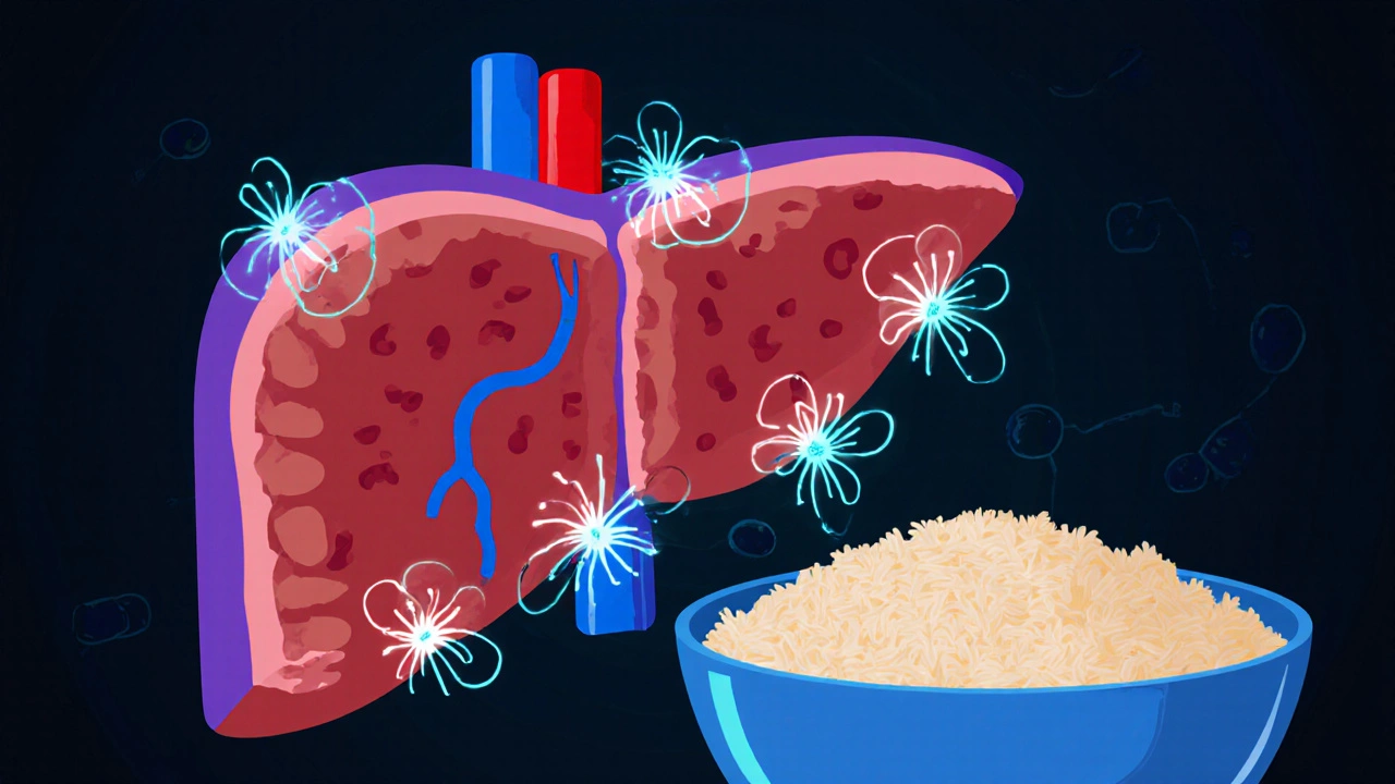 A liver with LDL particles linked to rice consumption, symbolizing cholesterol buildup.
