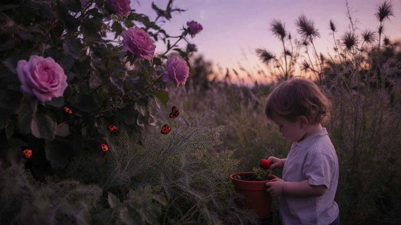 A peaceful garden at dusk with roses, nettles, butterflies, and a child picking strawberries.