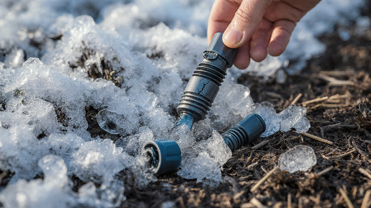Frozen, cracked emitter in winter mulch with replacement nearby.