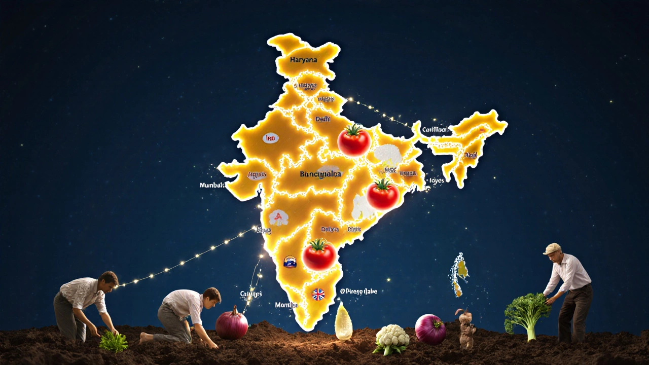 Glowing map of India highlighting Haryana as vegetable hub, connected by light trails to cities, with gardeners worldwide copying farming techniques.