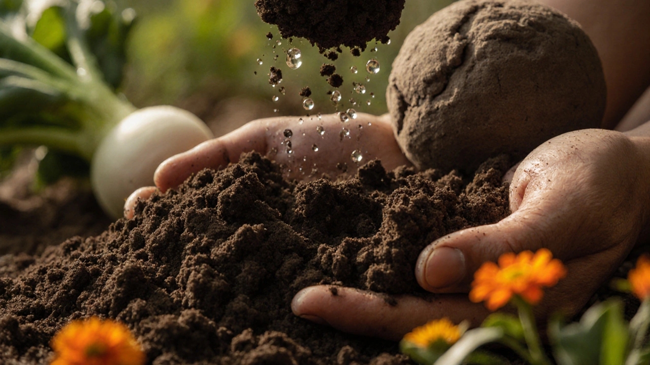 Handful of crumbly loamy soil falling apart beside a compacted clay ball, with plants in background.