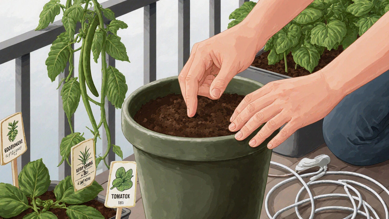 Hands testing soil moisture in a ceramic pot with herbs and drip irrigation tubing nearby.