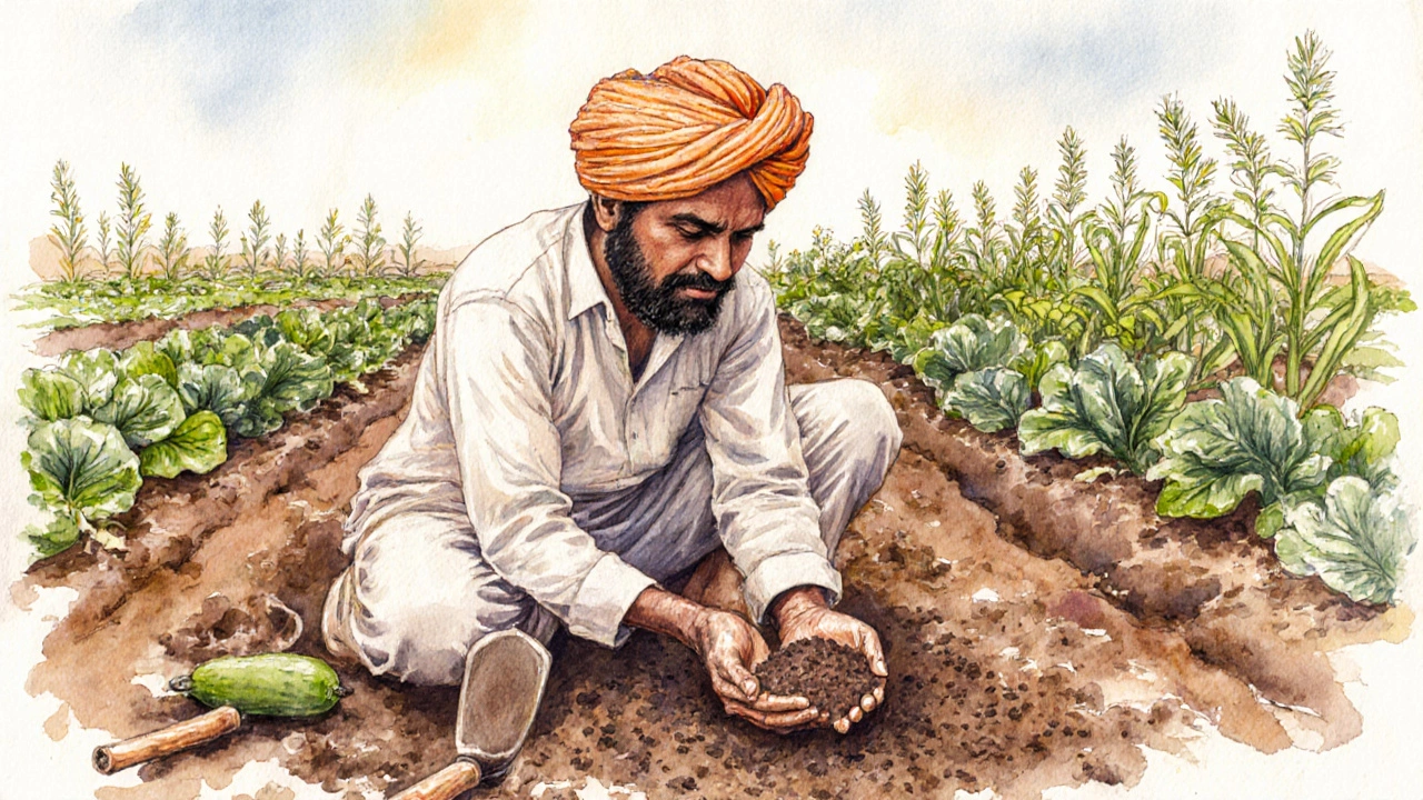 Haryana farmer examining loamy soil with compost, surrounded by spinach and bitter gourd crops, wearing traditional turban.