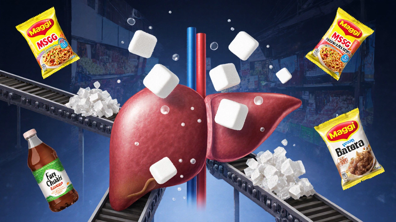 Human liver depicted as a factory processing sugar, trans fats, and additives, surrounded by packaged food labels in a hazy Indian street scene.