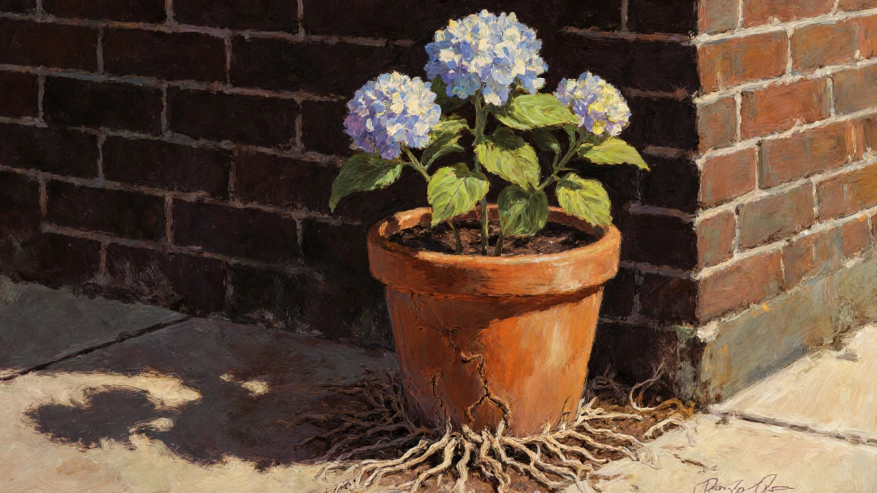 Hydrangea pot near a hot brick wall with dry soil and a narrow shaded gap.
