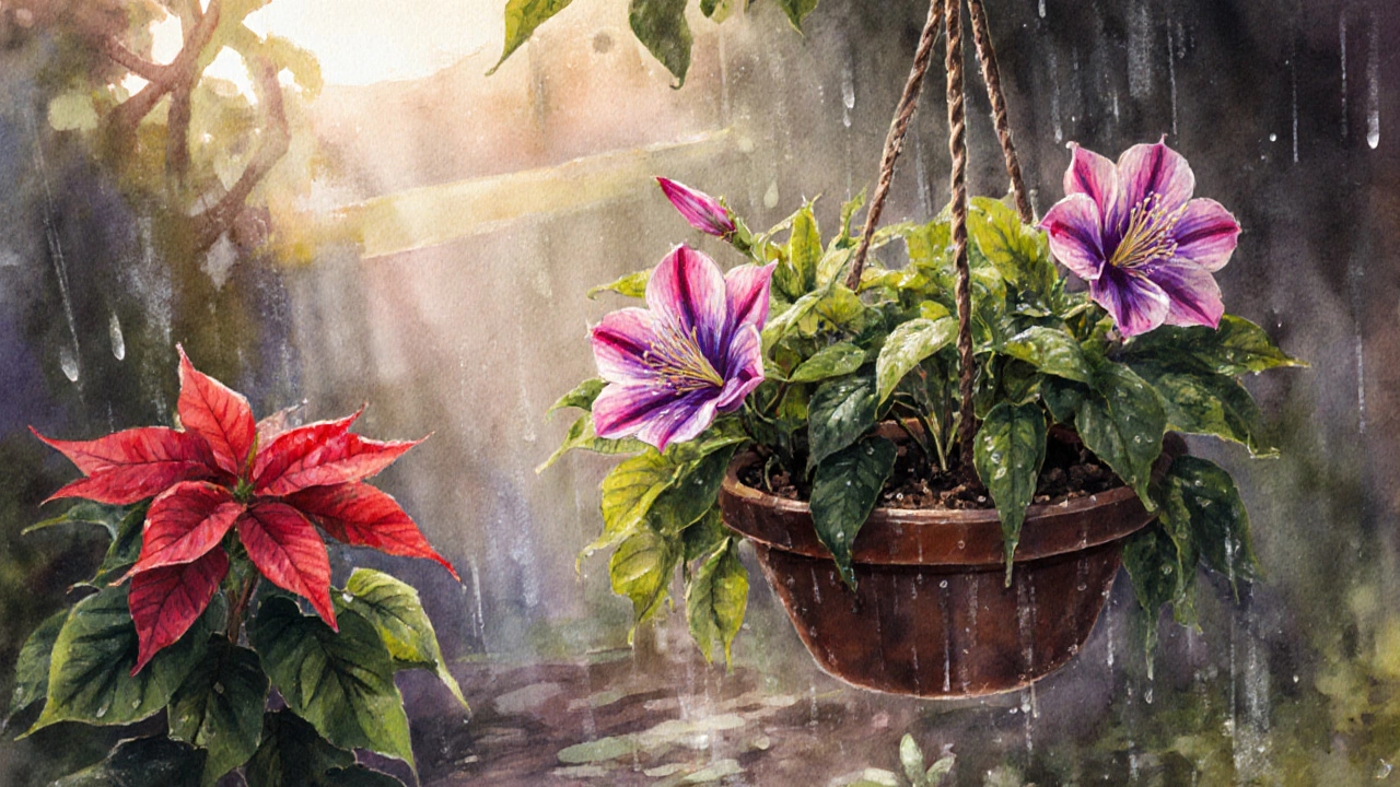 Mirabilis and poinsettia flowering at dusk in a humid Chennai garden after monsoon rain.