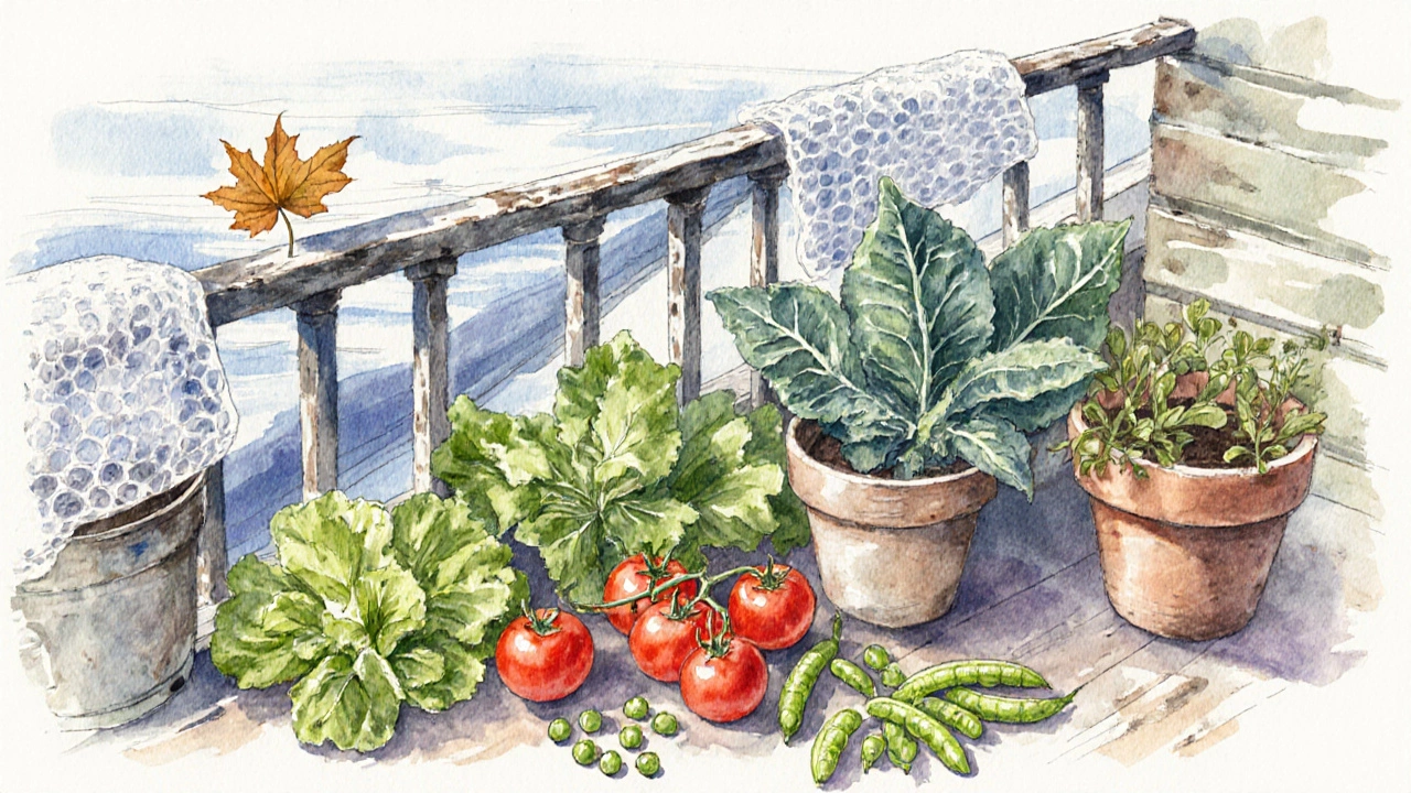 Seasonal balcony garden transitioning from spring to winter with wrapped pots and windbreak trellis.