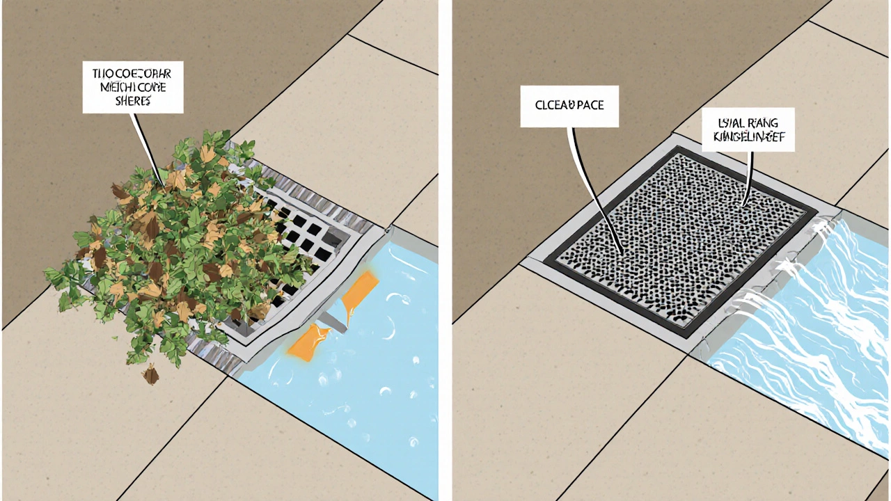 Side-by-side view of a clogged terrace drain versus a clean one with water flowing freely and a mesh cover in place.