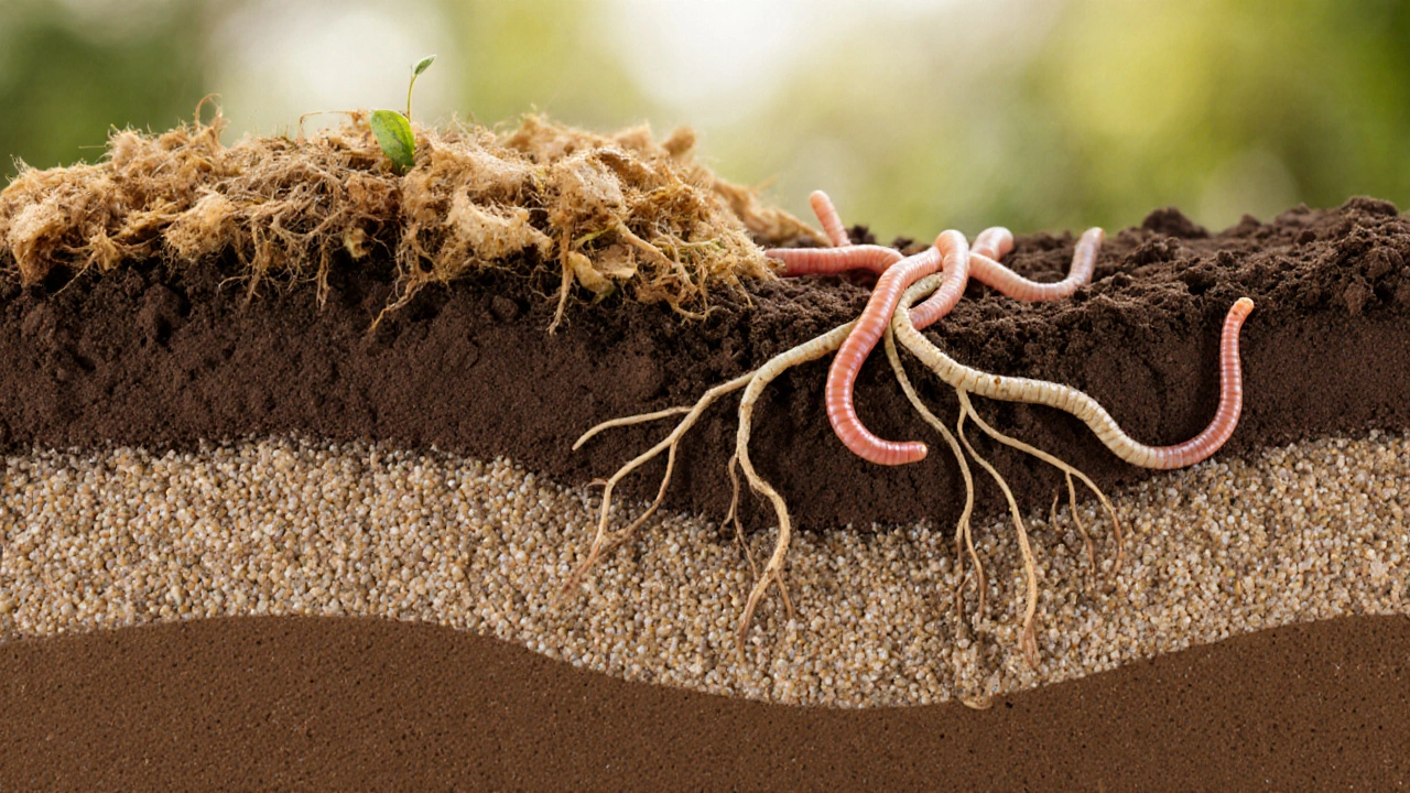Soil cross-section showing layers of clay, perlite, grit sand, leaf mold, and coconut coir with earthworms.